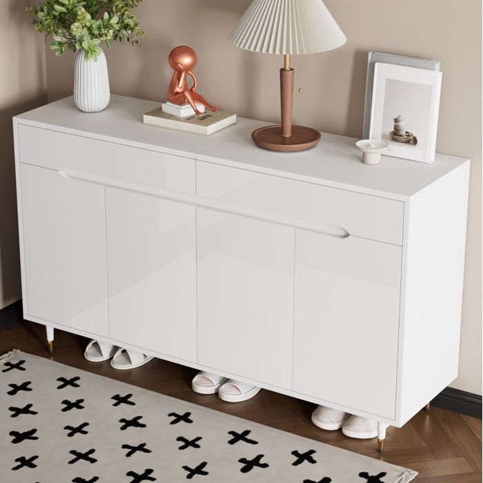 Meuble à chaussures 2 portes 2 tiroirs et étagères réglables - YEAVIO - Blanc et or pour entrée 140×39×84 cm