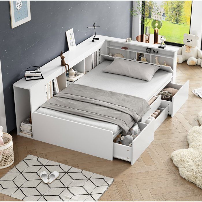 Lit combiné enfant 90×200 cm Lit 1 place avec 4 tiroirs bibliothèque et rangements - BEAUNIV - sans matelas MDF blanc