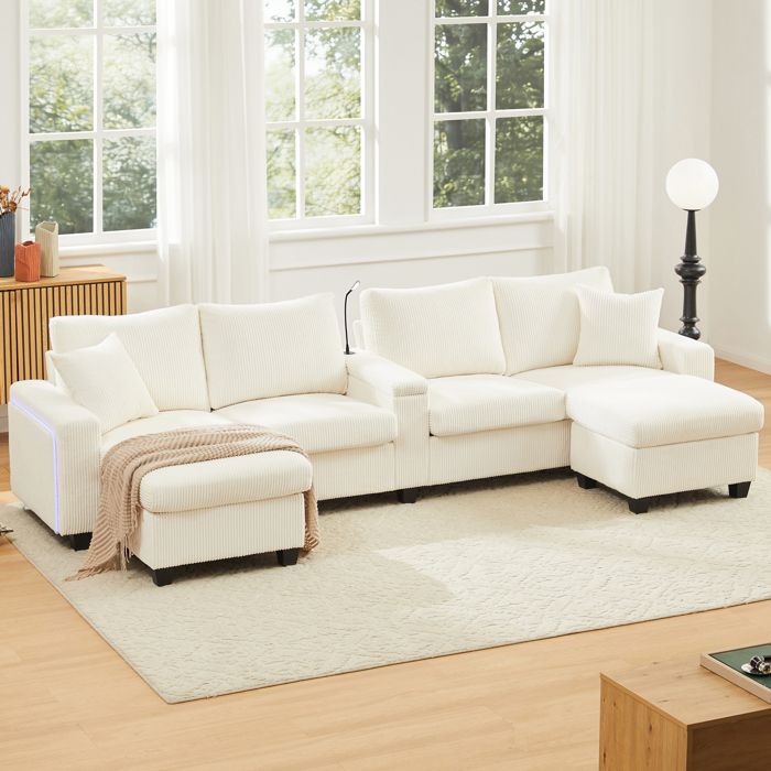 Canapé Modulaire en U Canapé Panoramique avec Éclairage LED Lampe de Lecture Porte-Boissons et Ports USB - Velours Côtelé - Beige