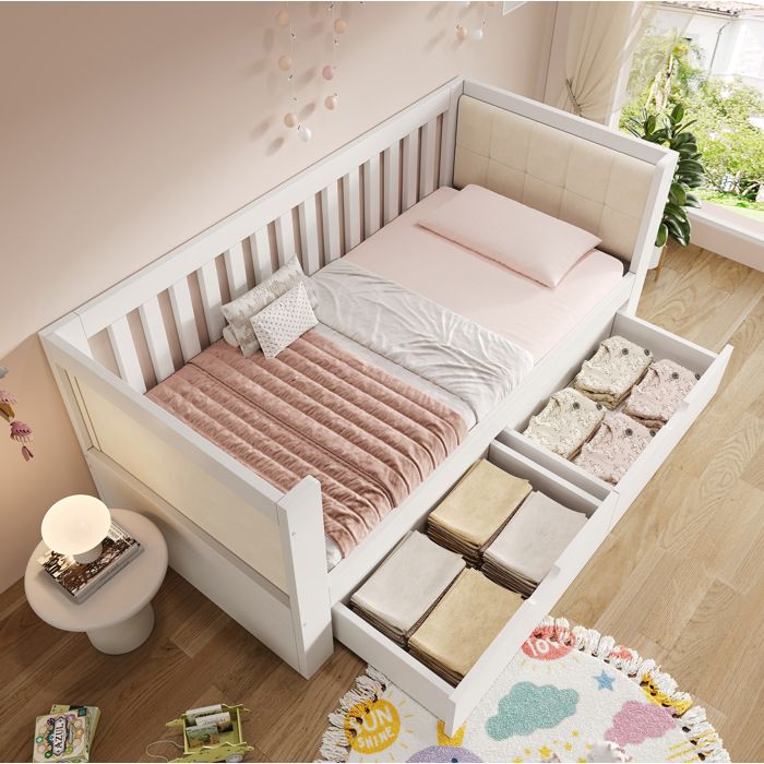 Lit banquette 90 x 190 cm EVRYAE blanc avec sommier à lattes et 2 tiroirs de rangement en bois