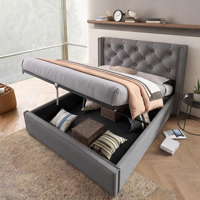 Lit double capitonné 160x200 cm avec coffre de rangement revêtement coton gris froid sommier métallique à lattes en pin