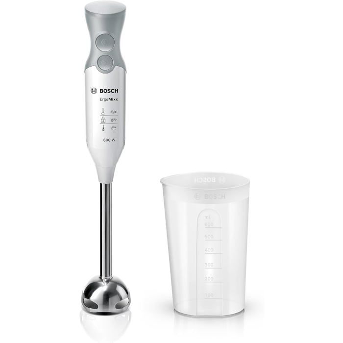 Mixeur plongeant Ergomixx 600W 2 vitesses gobelet doseur blanc/gris MSM66110