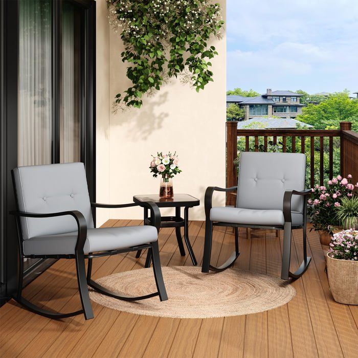 Garvee Salon de Jardin 3 Pièces 2 Fauteuils à Bascule Coussins Gris & Table Basse en Verre Trempé Terrasse & Balcon