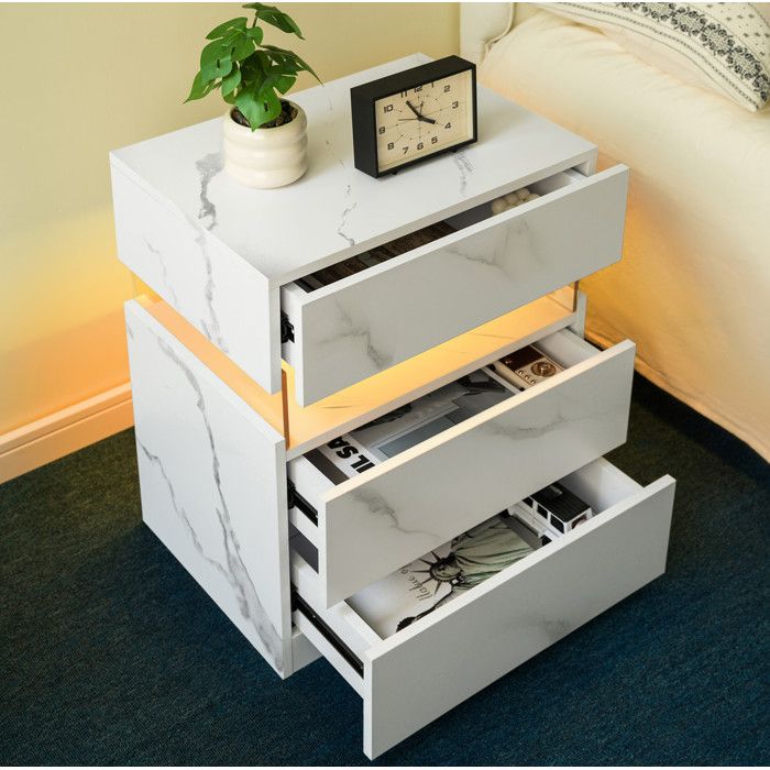 Table de chevet LED 3 tiroirs blanc effet marbre eclairage RGB avec telecommande meuble de chambre 50 × 371 × 60 cm