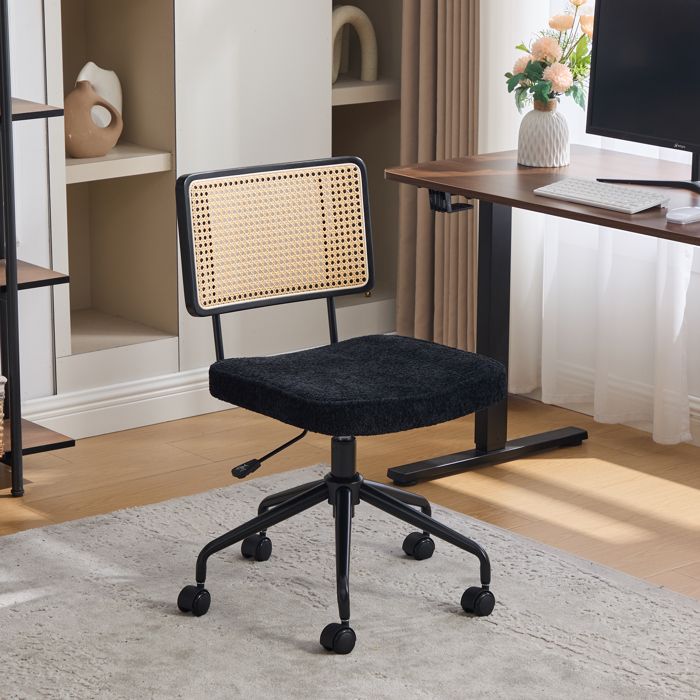 Chaise de Bureau avec Cannage et Assise Ouaté en Chenille Bouclé Noir - Chaise Releveur avec Roulettes et Pieds en Métal - Chic