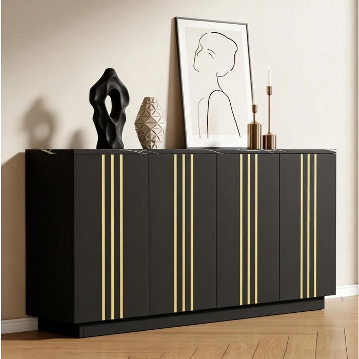 Buffet bas 4 portes et 4 compartiments de rangement - ELVMI - noir et or salon panneau de particules 140×35×70 cm