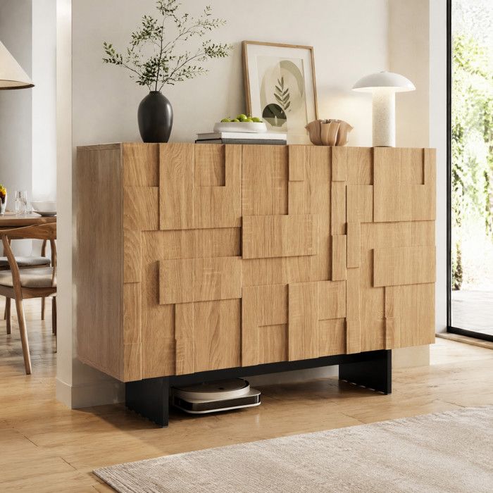 ELVORIN Buffet bas 3 portes 105 x 335 x 76 cm étagères réglables façade géométrique 3D style puzzle aspect bois naturel et noir