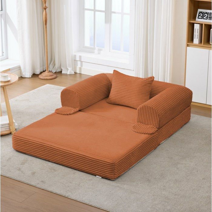 ULEVR Canapé convertible 1 place en corduroy orange fauteuil-lit avec mousse haute densité sans outil