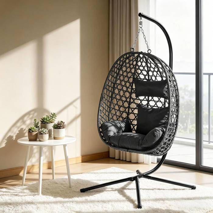 Fauteuil suspendu oeuf avec support – rotin PE – hauteur réglable – anthracite