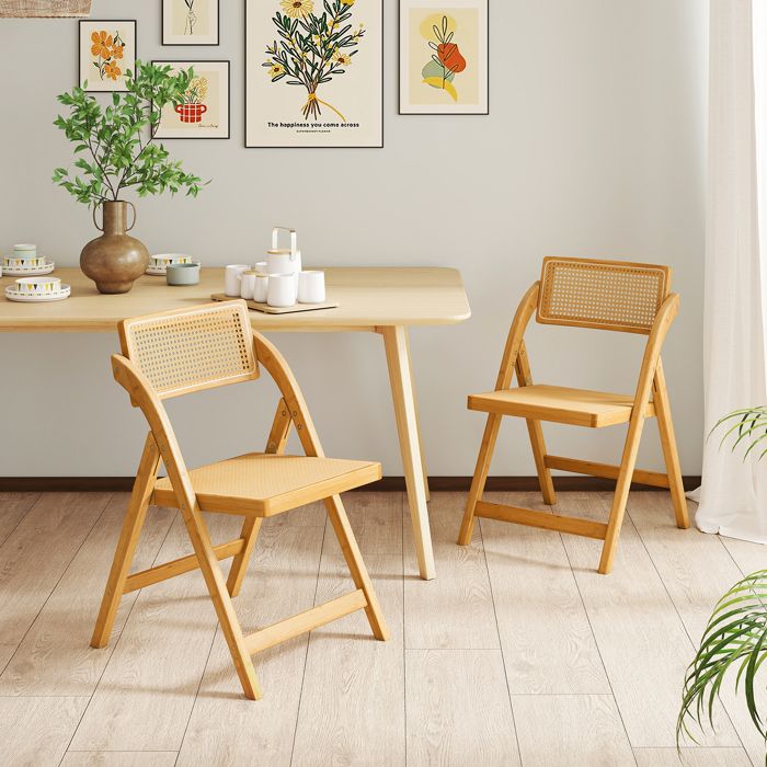 Lot 2 chaises pliantes en rotin naturel dossier pivotant 360° cadre bambou robuste confortables et stables pour salle à manger