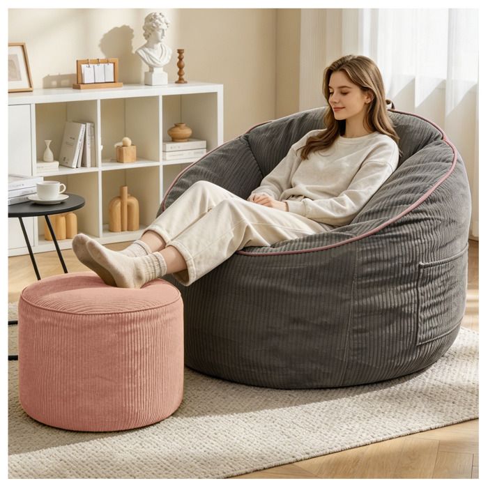 VUENOR Fauteuil poire gris avec repose-pieds cylindrique et poche de rangement