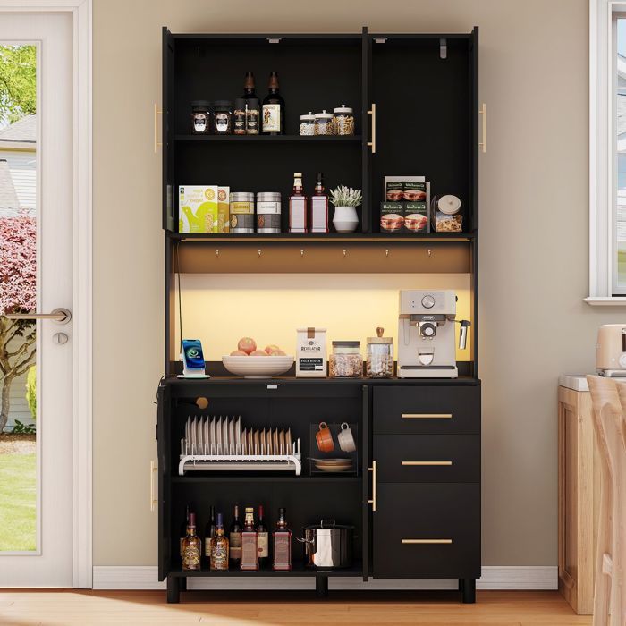 Buffet cuisine 183 cm 3 tiroirs Buffet salle à manger étagères réglables poignées métal doré LED connectées prises USB secteur