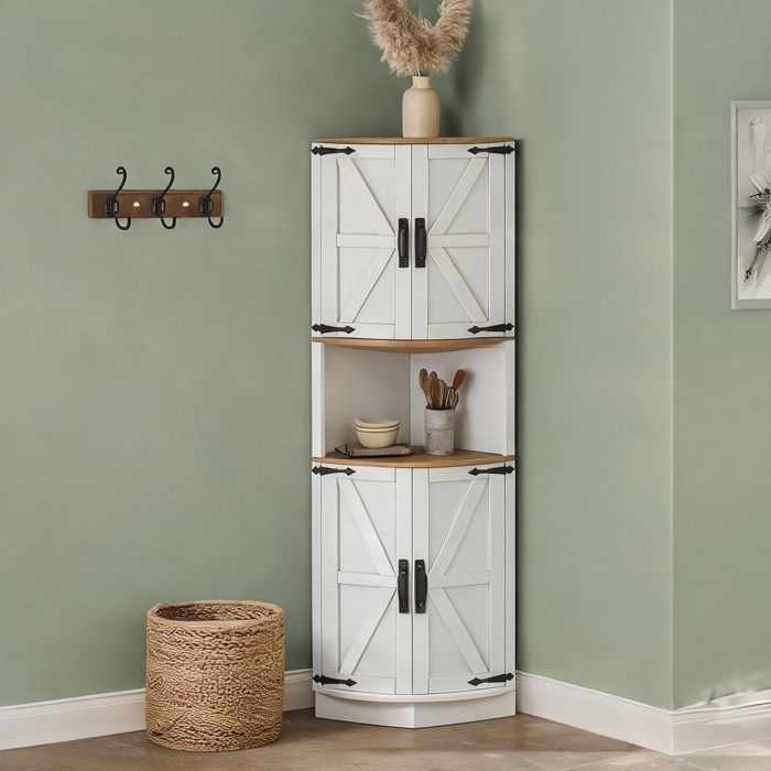 Buffet Bahut Enfilade - Meuble dangle haut 180 cm 5 compartiments finition blanc et bois style vintage MDF