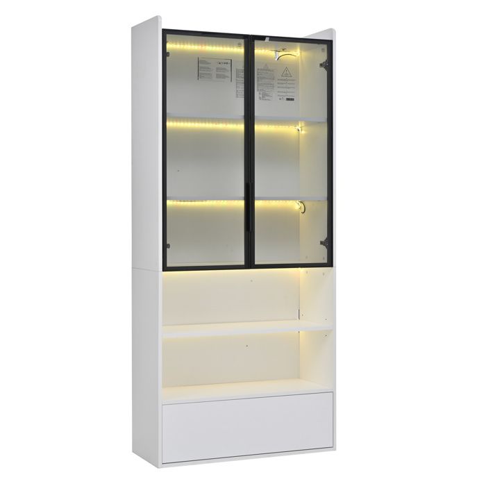 Vitrine haute – meuble de salon avec 2 portes en verre 1 tiroir LED USB – blanc 80 x 34 x 180 cm