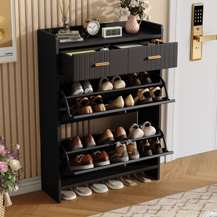 Meuble à Chaussures Noir- 2 Abattants - avec 2 Tiroirs Armoire-Chaussures Étroit 75 × 24 × 108 5 cm Meuble à Chaussures Noir- 2 Abattants - avec 2 Tiroirs Armoire-Chaussures Étroit 75 × 24 × 108 5 cm