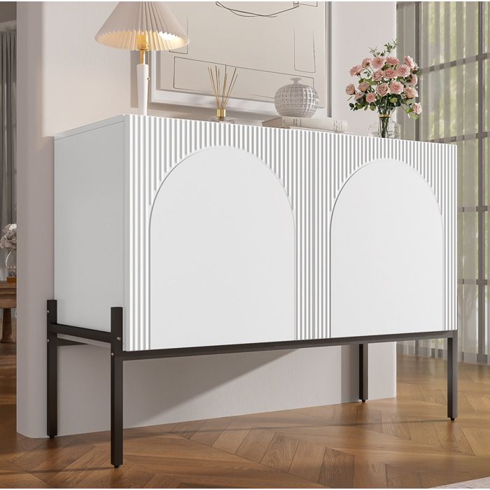 MEULVA Buffet 2 portes 100 cm pieds métal design arqué blanc meuble de rangement moderne