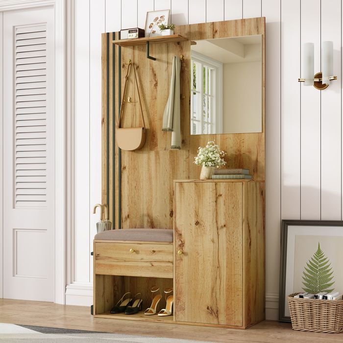 Meuble dentrée - ZEVKOR - 115×37×185 cm - Miroir - Banc rembourré - Bois et noir