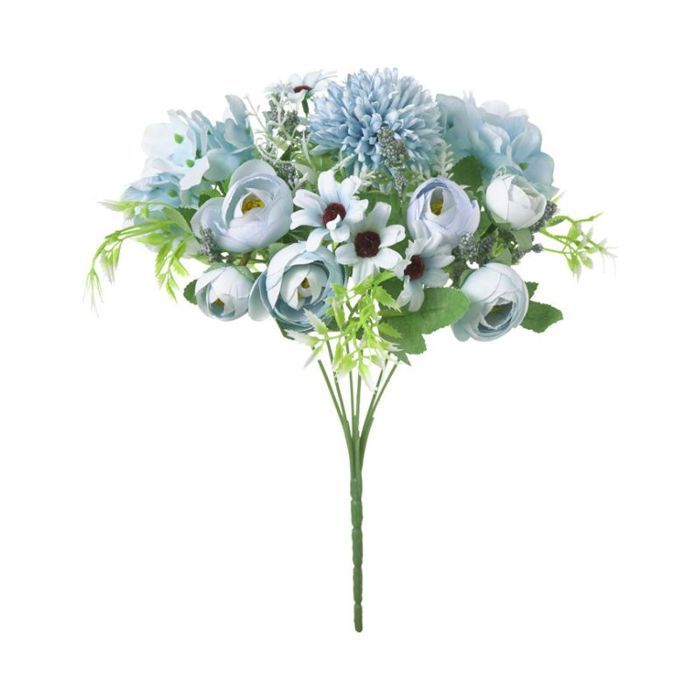 Fleurs artificielles bouquet camélia - Fleur en soie 7 fourchettes - Décoration mariage maison - Bleu