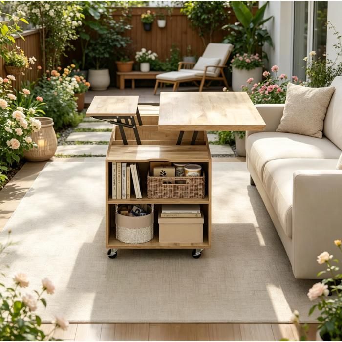 Table basse relevable AESVAR à roulettes verrouillables rangement intégré bois et métal chêne clair
