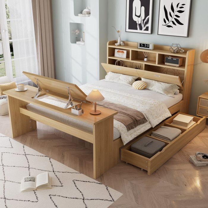 Lit coffre 140x200 cm avec bureau relevable tête de lit à rangement et tiroir de stockage structure en bois