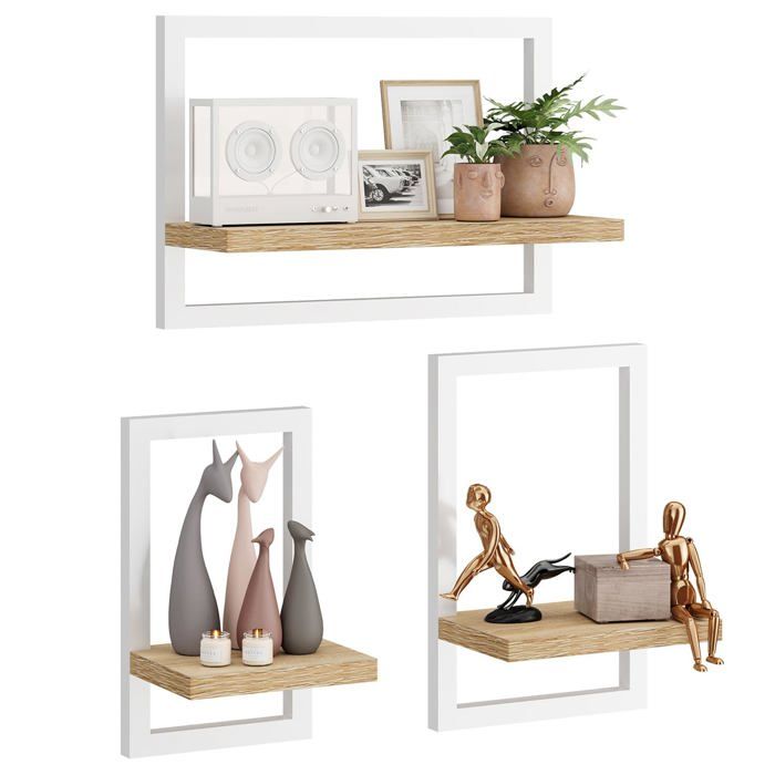 Étagère murale flottante lot de 3 cubes bois clair cadre métal rangement suspendu salon bureau chambre perceuse 14 cm