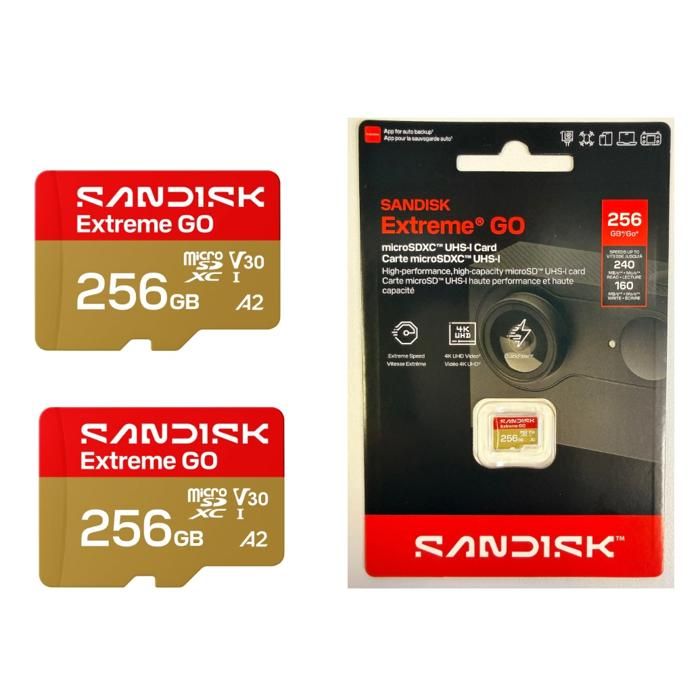 Lot de 2pcs SanDisk Extreme Go 256 Go Carte microSDXC 240Mb/s pour Android Smartphone Tablette Action Cams Drones