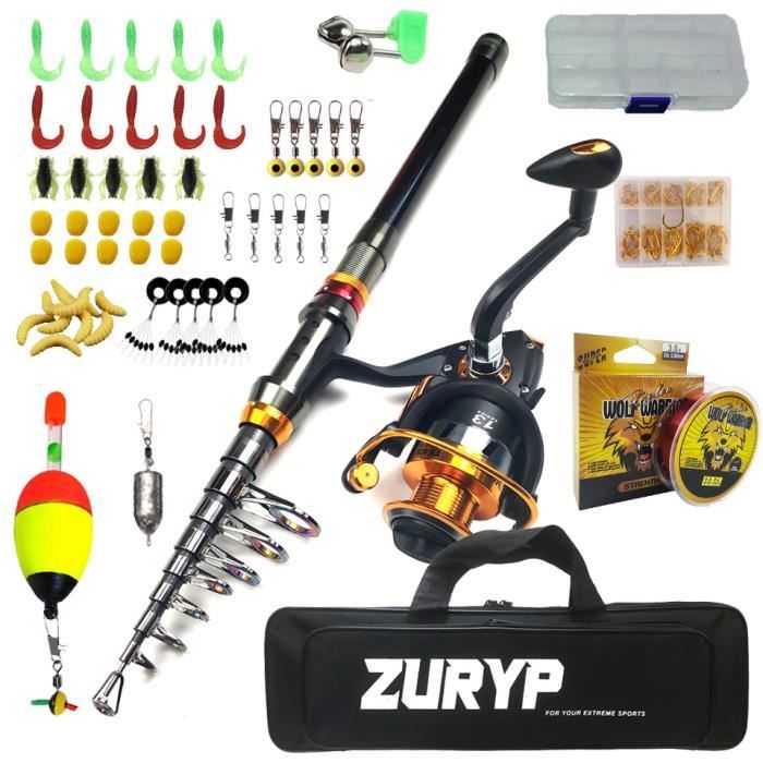 Canne à Pêche Télescopique 1,8m + Moulinet Combo - Kit Complet Avec Appâts, Hameçons Et Sac - En Fibre De Carbone
