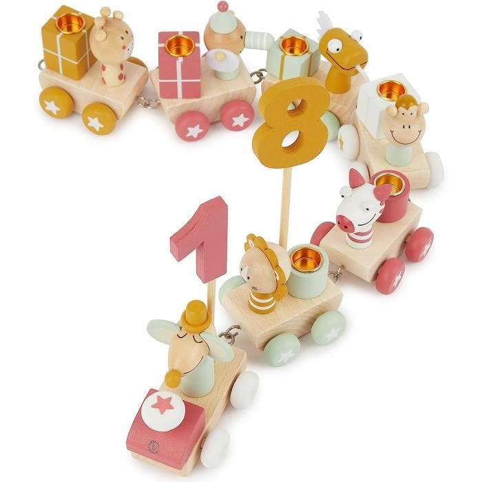 Bieco Train d'Anniversaire en Bois Scandi Look 0-99 Ans | 28 Pièces Chiffres Longueur env. 48 cm