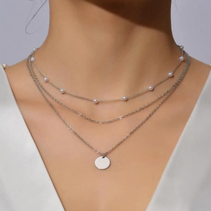 Colliers Ras de Cou Femme Perles de Nacre Pendentif Cercle Argent • Bijou de Mode • Ras de Cou Élégant • Cadeau pour Elle • Cadeau