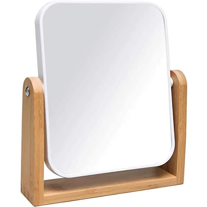 Miroir De Maquillage Pivotant En Bambou Naturel - 20x18 Cm, Base Lourde, 360°, Pour Coiffeuse Ou Bureau