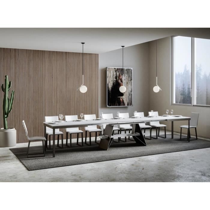 table à rallonges 6 à 20 places bois blanc avec un cadre et des pieds acier gris foncé 160 à 420 cm borys