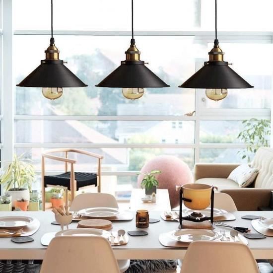 Vintage Suspensions 3 Luminaires Noir Industrielle E27-Ø22 cm Métal Lustre Abat-jour plafonnier Intérieur Eclairage Decoratif