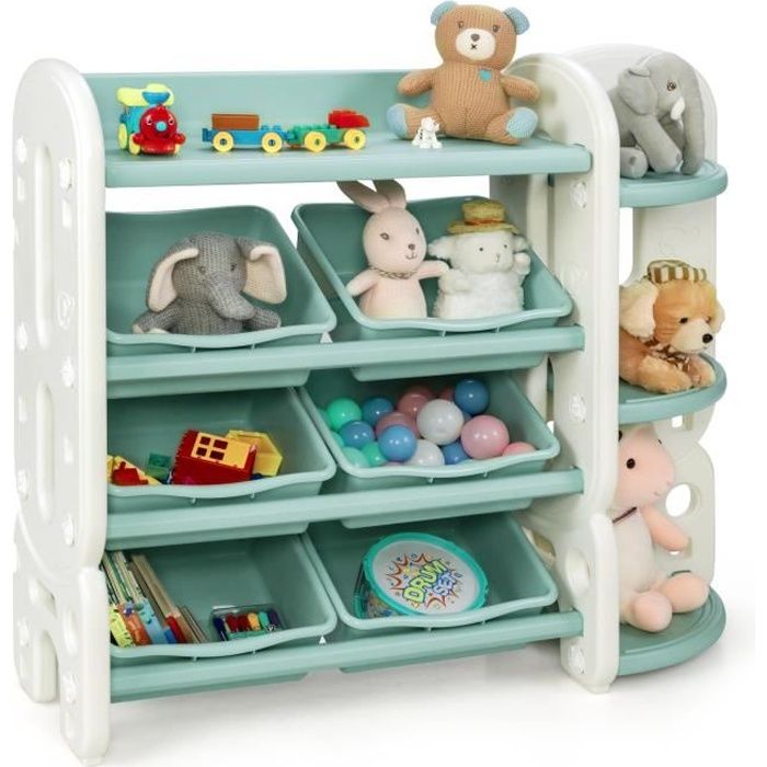 Meuble Rangement Jouets Enfants 3 Niveaux Avec 6 Bacs Amovibles - Vert, 96x38.5x90 Cm - Pour 3-8 Ans
