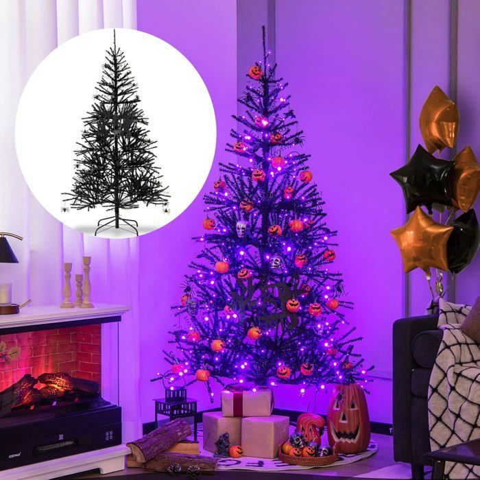 Sapin De Noël Inversé Noir Halloween 180cm - 270 LED Violettes, Décorations Citrouille Et Crâne