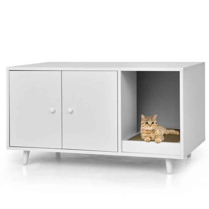 Meuble Cache-bac à Litière Pour Chat Avec 3 Griffoirs Et Plateforme - Dimensions 100x51x91 Cm - Gris Et Blanc - Multi-fonctions (litière, Jeu, Repos) - 4