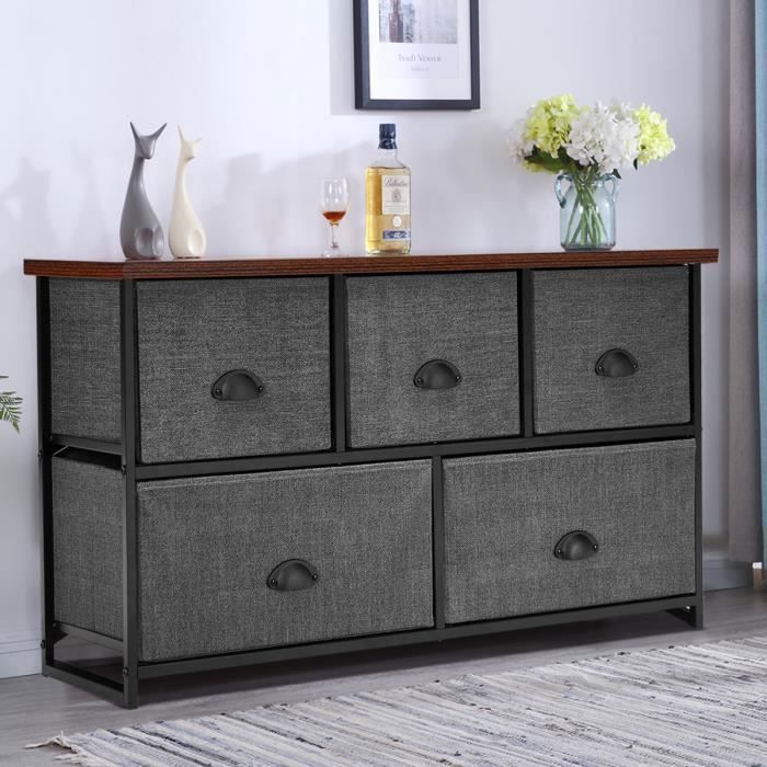 GIANTEX Commode avec 5 Tiroirs en Tissu Meuble Armoire de Rangement Cadre en Métal Meuble TV pour Salon Chambre 100 x 30 x 53 5 CM