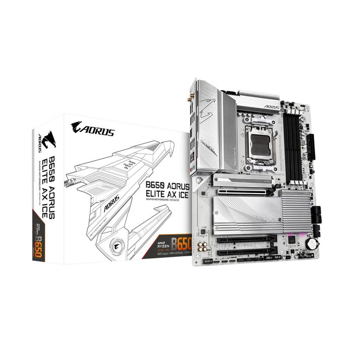 GIGABYTE B650 AORUS ELITE AX ICE Carte mère Compatible avec les processeurs AMD Ryzen 9000 VRM numérique 12+2+2 phases jusqu'à 8000 MHz DDR5 OC 1xPCIe 5.0 + 2xPCIe 4.0 .2 Wi Fi 6E LAN 2.5GbE USB 3.2 Gen 2x2 Neuf - vue 6