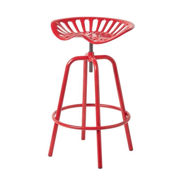 Tabouret vintage rouge avec siège de tracteur pivotant - HOMESCAPES - Jardin - Réglable en hauteur - Métal