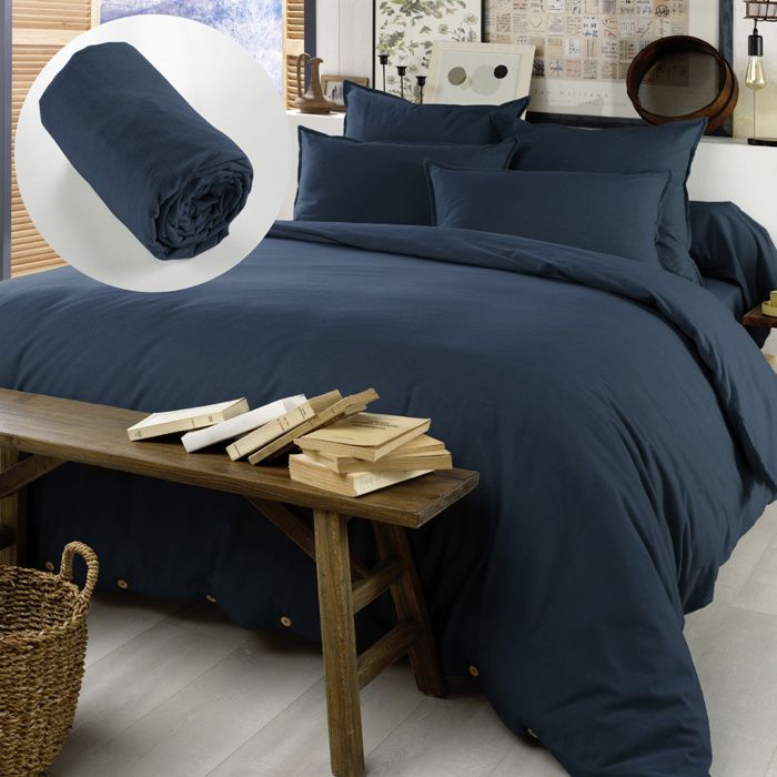 Pack Housse de couette chaude en flanelle 240 x 220 cm + drap housse 140x190 Candice Bleu