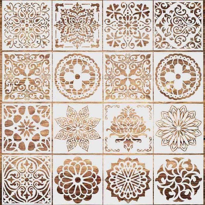 Pochoir de dessin en plastique Pochoir Aerographe pour Décoration Murale 13x13cm Motif Mandala Découpe Laser Peinture Pochoirs Différents Modèles 7 Pièces Réutilisables Pochoirs de Mandala
