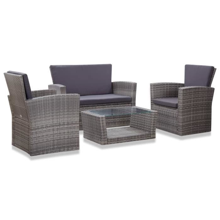 Salon de jardin 4 pcs avec coussins Résine tressée Gris Mothinessto LY4930