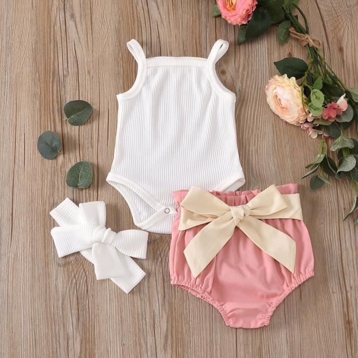 Ensemble Bébé Fille 3 Pièces – Barboteuse à Volants + Pantalon/short + Bandeau – Imprimé Flamants Ou Fleurs – Taille 70 à 100 (0-18 Mois)