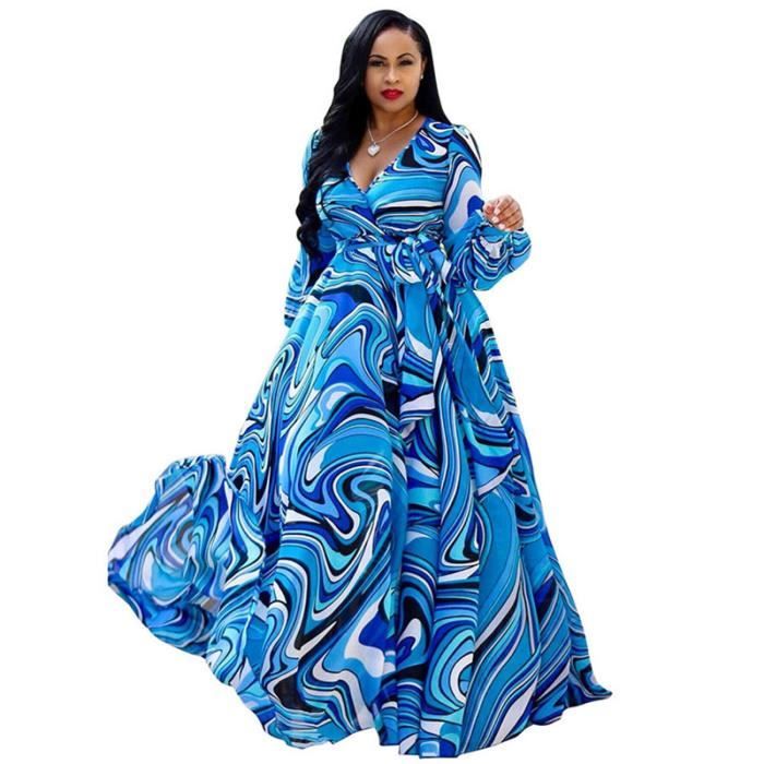 ROBE Femme longue imprimee a manches longues en mousseline de soie boheme style1 bleu WF Bleu Cdiscount Pret a Porter