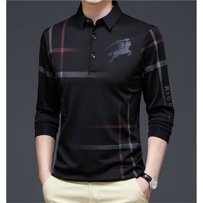 Polo Homme Manche Longues lettre rayée T-shirt Noir