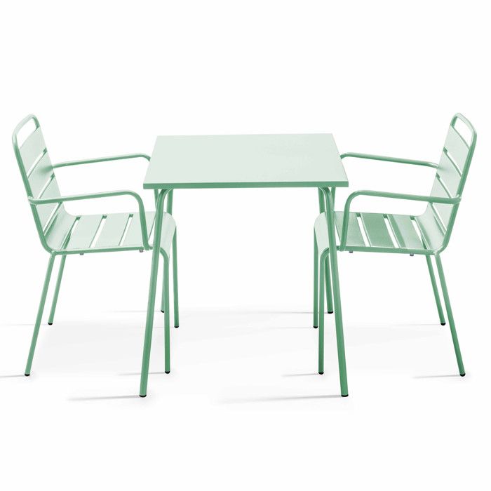 Ensemble table de jardin carrée et 2 fauteuils acier vert sauge Palavas Oviala