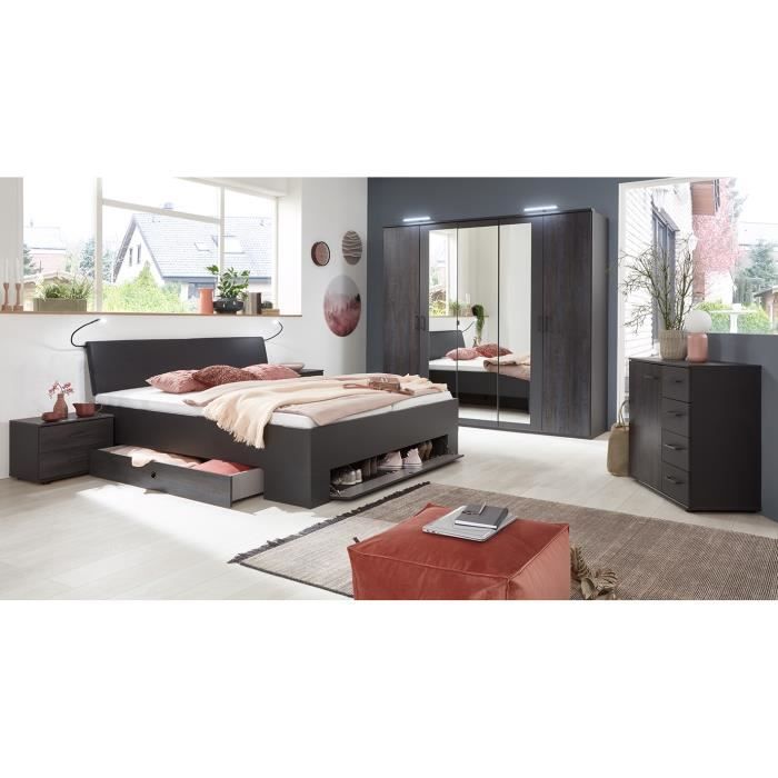 Chambre à coucher complète adulte Dallas (lit 160x200 cm Queen Size + 2 chevets + armoire) coloris gris foncé