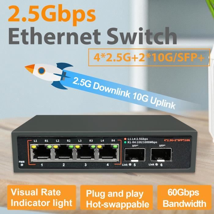 Switch ethernet 2.5G Hub LAN non géré 4*2.5G+2*10G SFP+Ports de