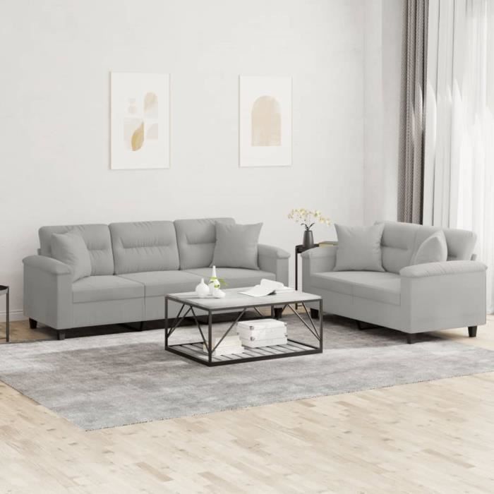 Ensemble de canapés - SALUTUYA - BD6458 - 2/3 places - Tissu microfibre - Gris clair