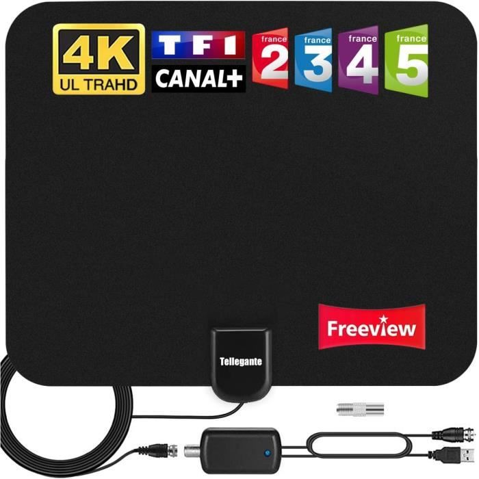 Antenne TV Intérieure Puissante - Base Magnétique, Réception 360° 4K/1080P, Compatible TNT