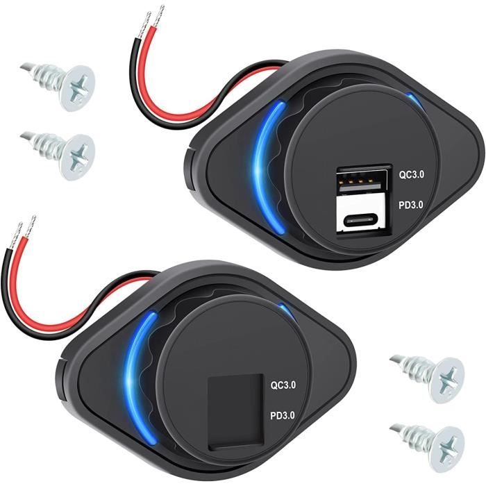 Prise USB 12V/24V Double Port Pour Camping-car/bateau - PD 20W USB-C + QC 18W USB-A, étanche, Rétroéclairage Bleu